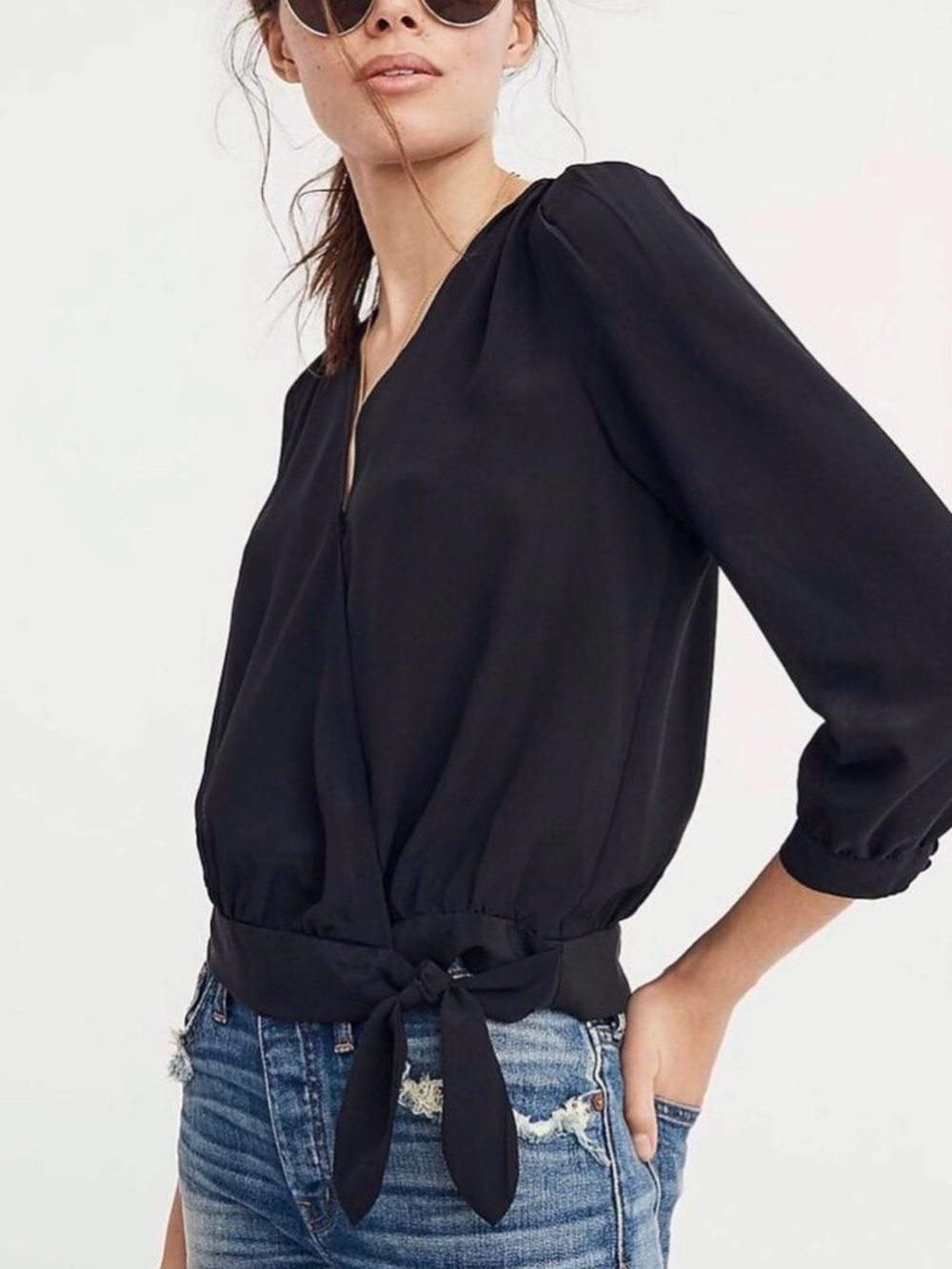 Madewell Black Gathered V-Neck Wrap Top Sz M